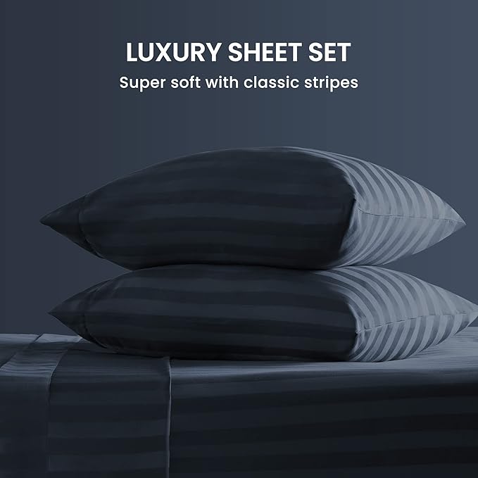 SLEEP ZONE Striped Cooling Sheets Set King Size - Fitted Flat Sheet & Pillowcase Sets 4 Piece - Super Soft Stripe Bed Sheet, Easy Care, Deep Pocket (Navy Blue, King)