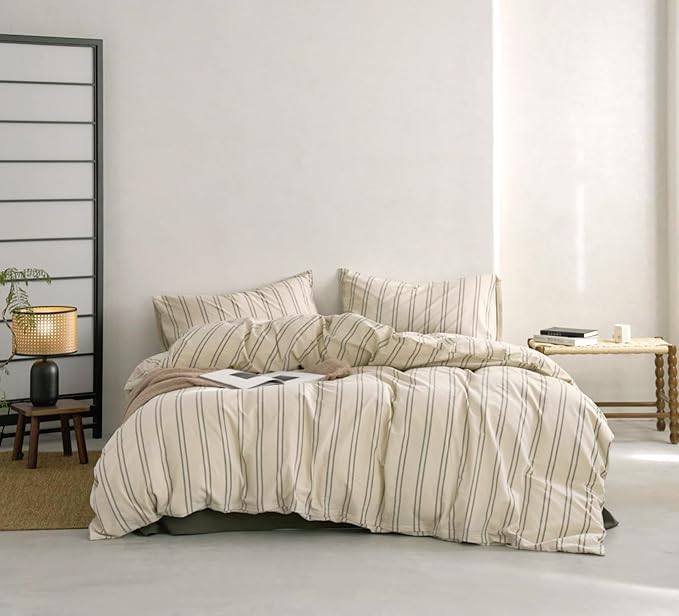 VM VOUGEMARKET 100% Washed Cotton Striped Duvet Cover Sets King,Beige Duvet Cover with Gray Stripes Pattern Printed Comforter Cover with Zipper Closure & Corner Ties(3pcs,King Size)