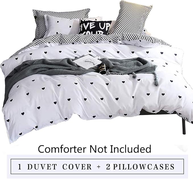 Omelas Kids Heart Love Twin Duvet Cover Set Black and White Teens Girls Lovely Heart-Shaped Pattern Striped Reversible Bedding Soft Breathable Quality Brushed Microfiber (3 Pcs,XD,T)