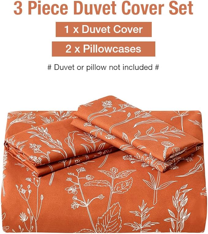 Lekesky Floral Duvet Cover Queen Size, Burnt Orange Queen Duvet Cover Plant Flowers Pattern Bedding Set for All Season, Soft Breathable Duvet Cover with Zipper Closure & Corner Ties