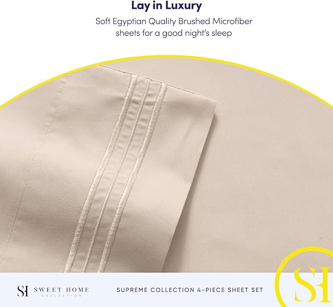 Split King Sheets - Breathable Luxury Sheets with Full Elastic & Secure Corner Straps Built In - 1800 Supreme Collection Extra Soft Deep Pocket Bedding Set, Sheet Set, Split King Size, Beige