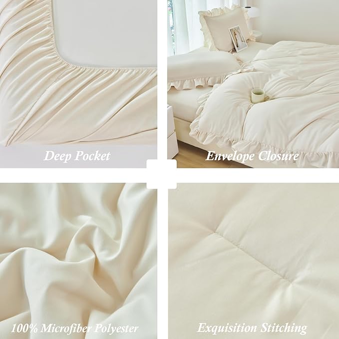 ANGIYUIN 5 Pieces Camel Twin Size Comforter Set for Kids Girls Ruffled Bedding Set Boho Farmhouse Bed Sets Shabby Fluffy Elegance Bed in A Bag with Sheets(Camel Twin)