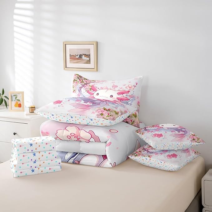 Feelyou Boys Girls Cute Axolotl 7 Pieces Bedding Sets King Size, Ocean Sealife Bed in A Bag Kawaii Comforter Set with Sheets Kids Cartoon Salamander Teens Bed Set Room Decor