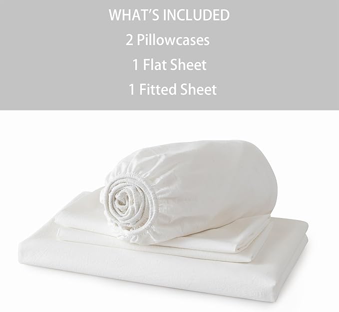 JIYUAN 100% Washed Cotton Sheet Set 4 Pieces Queen,1 Fitted Sheet,1 Flat Sheet and 2 Pillowcases,Comfy and Breathable Linen Like Bedding Set,Off White