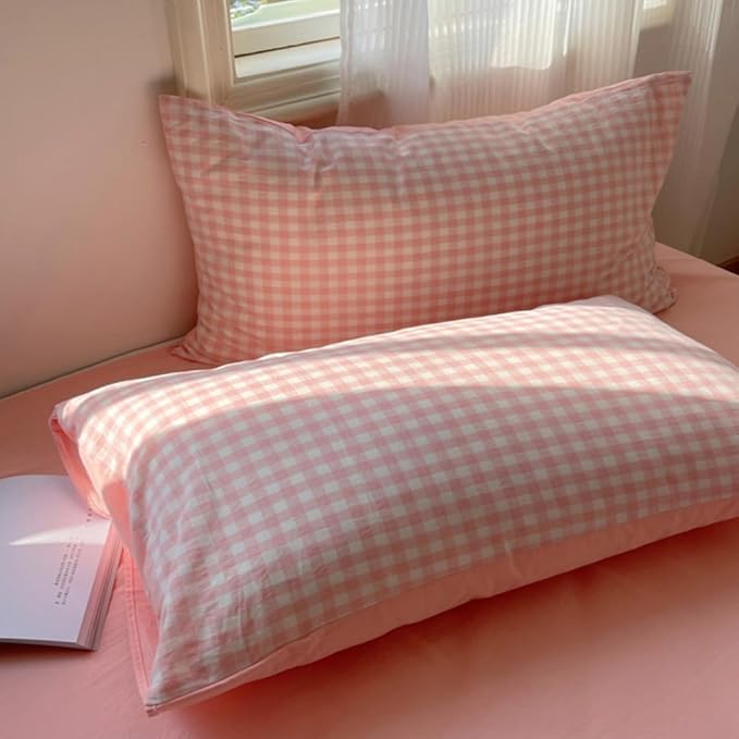 Nayoroom Gingham Duvet Cover Queen Size Reversible Pink Plaid Checkered Duvet Cover 3 Pieces Soft Breathable Washed Microfiber Girls Dorm Bedding Set for All Seasons