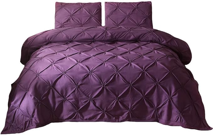 Feelyou Pinch Pleated Duvet Cover Set Full Size, Microfiber Polyester Pintuck Tufted Quilt Cover, Luxurious Decorative Purple Comforter Cover with 2 Pilllow Shams, 3 Pcs Zipper Closure