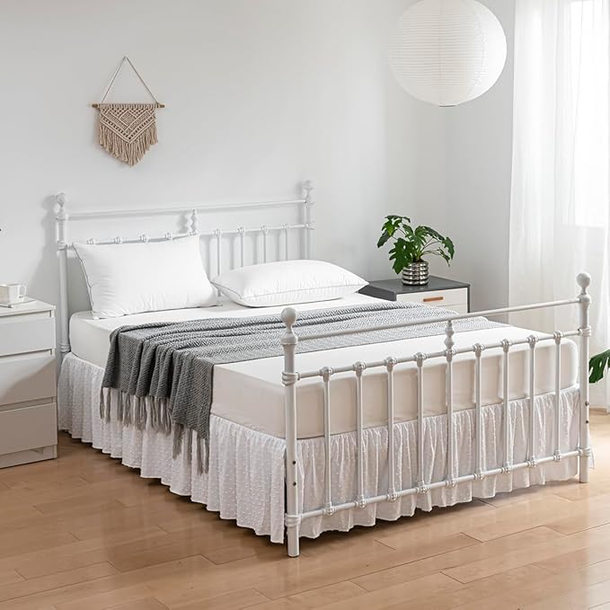 Tufted Dot Bed Skirt Full Size Ruffled Bed Skirt with Split Corners, 16 Inch Drop Dust Ruffle Bed Skirts with Platform, White
