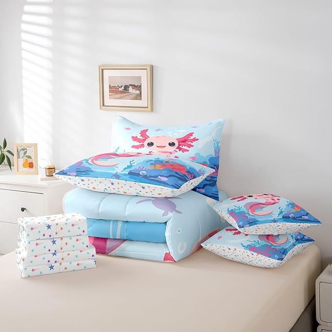 Feelyou Boys Girls Cute Axolotl Bed in A Bag Queen Size, Ocean Sealife Comforter Set with Sheets Kids Cartoon Salamander 7 Pieces Bedding Sets Kawaii Teens Bed Set Bedroom Decor