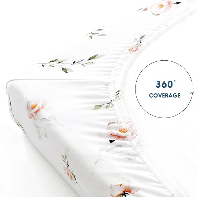 GRSSDER Stretchy Ultra Soft Jersey Knit Pack and Play Sheets 2 Pack, Portable/Mini Crib Sheets Universal Fitted for Playpen Mattress Safe and Snug, Beautiful Pink Floral and Cute Animals Print