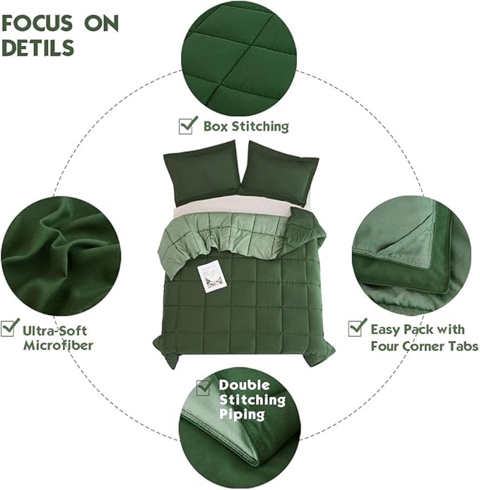 HIG 3pc Green King Size Comforter Set -All Season Reversible Down Alternative Comforter Bedding Comforter -Quilted Duvet Insert with Corner Tabs - Box Stitched Blanket - Breathable, Soft, Fluffy