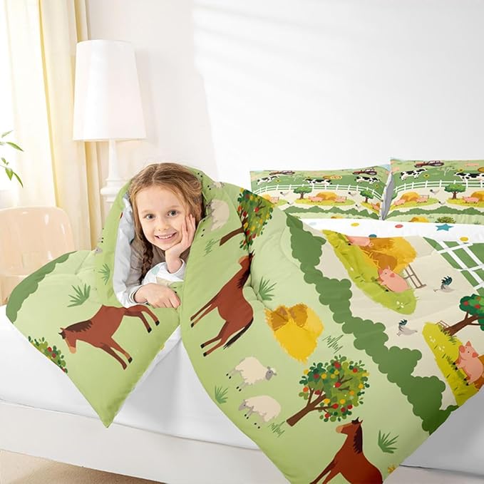 Feelyou Kids Cartoon Farm Animals Comforter Set Girls Boys Cute Pig Cow All Season Down Comforter Kawaii Horse Chicken Duck Bedding Set Room Decor Funny Farm Nursery Quilt King Size 3Pcs Boys
