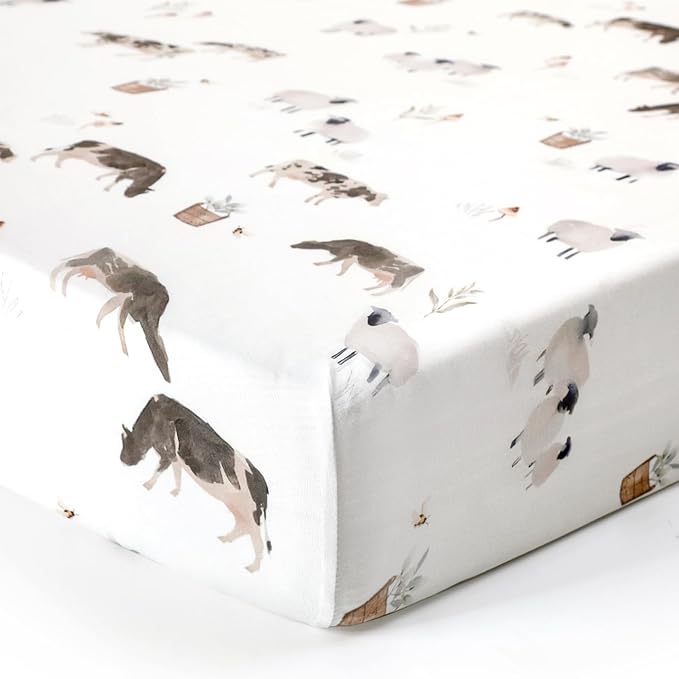 Stretch Ultra Soft Jersey Knit Fitted Crib Sheets Set 2 Pack,Fit All Standard Crib Mattress Pads Safe and Snug, Crib Fitted Sheet for Baby, Cute Watercolor Cows and Birds Print