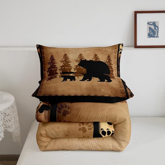 Bear Comforter Set Full Size Farmhouse Wild Animal Retro Family Bedding for Kids Boys Girls Brown Paws Duvet Rustic Bedroom Decor Quilted Set 3Pcs