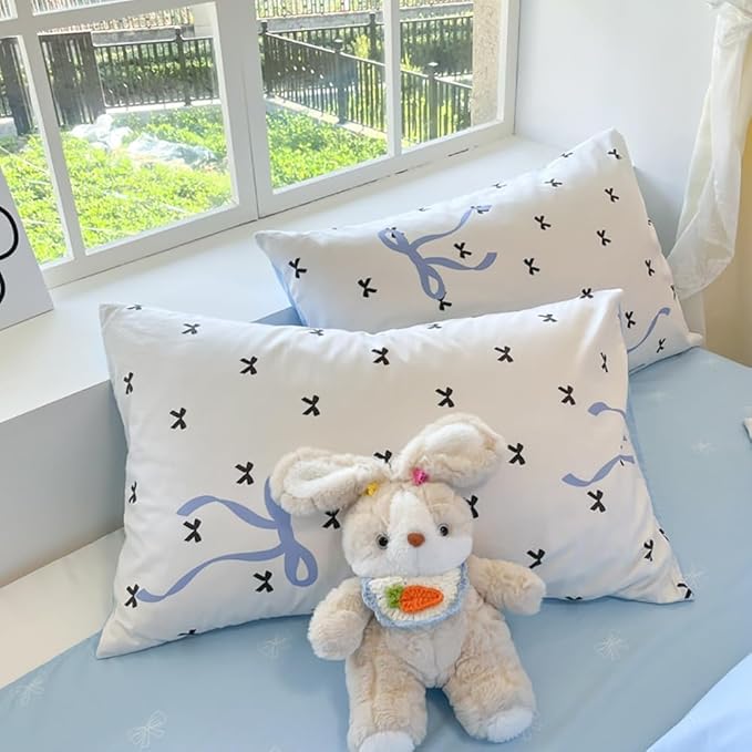 Nayoroom Blue Bow Duvet Cover Queen Size Reversible Blue Duvet Cover 3 Pieces Soft Lightweight Microfiber Kids Girls Cute Aesthetic Dorm Bedding Set