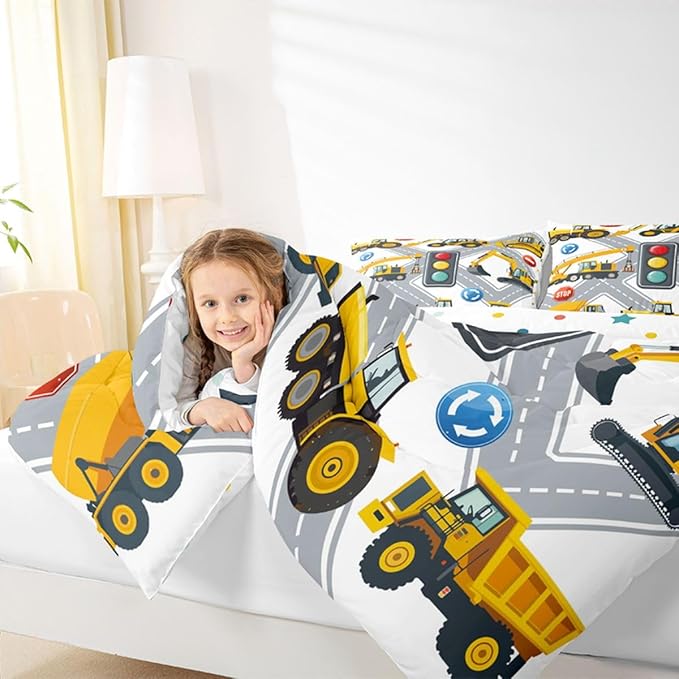 Cartoon Construction Excavator Bedding Set for Kids Boys Children Vehicles Truck Car Comforter Decor Machinery Bulldozer Crane Style Comforter Set Nursery Duvet Set Twin Size Bedspreads Coverlet Sets