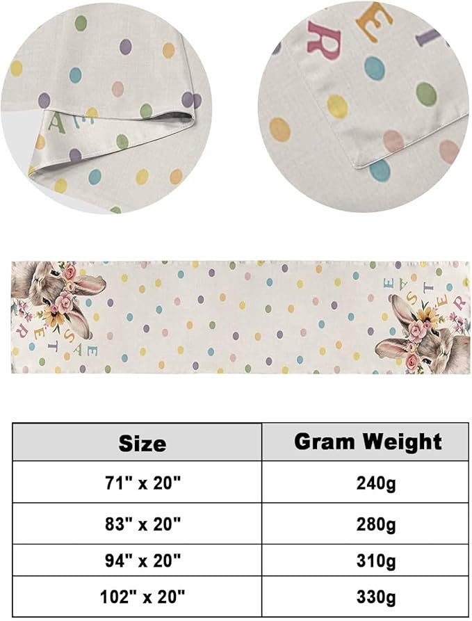 Spring Easter Farm Rabbit Flower Bed Runners for Bedroom Hotel,Decorative Bedding Scarf Colorful Quote Dot on Linen Bed End Blanket Bedding Runner Scarves for Full Size Bed,83x20in