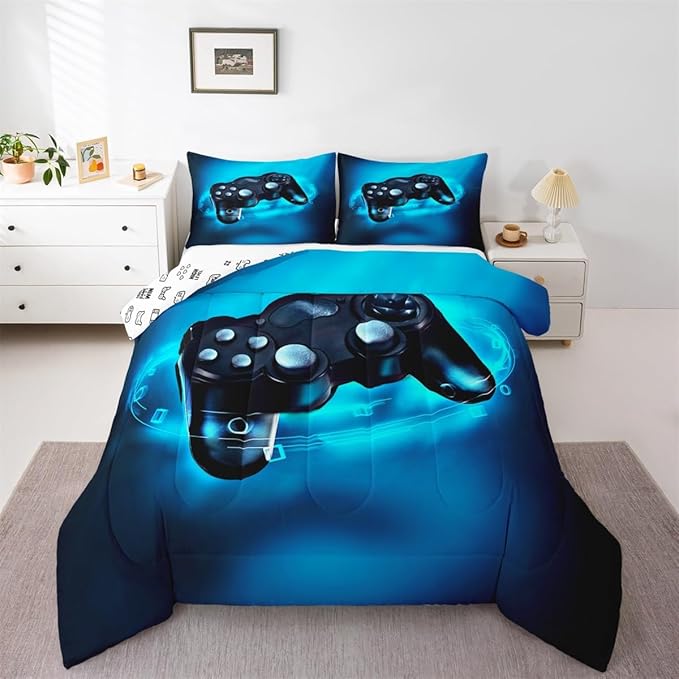 Feelyou Queen Size Gaming Comforter Set for Boys Gamer Bedding Set for Teens Kids Gamer Room Decor Blue Video Games Comforter Duvet Set Gamepad Quilted All Season 1 Comforter with 2 Pillow Cases