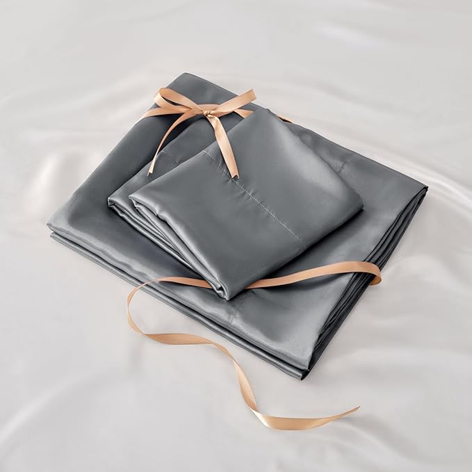 BEDELITE Satin Sheets Twin Size Bed Set, Luxury Soft Dark Grey Silky Sheets for Hair and Skin, Similar to Silk Bed Sheets Set 3 Pieces with 1 Deep Pocket Fitted Sheet, 1 Flat Sheet, and 1 Pillowcase