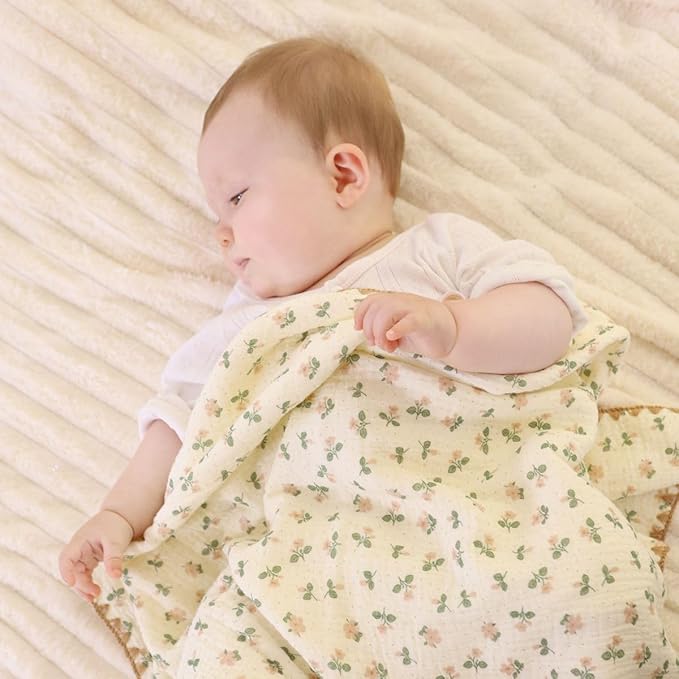 Double Layered 100% Cotton Muslin Baby Blanket Ultra-Soft 40x40 Inch Swaddling Nursery Crib Blanket (Flowers)