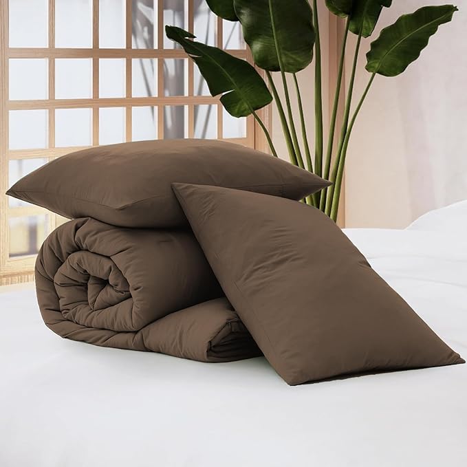 WRENSONGE King Size Comforter Set - 3 Pieces Chocolate Brown Comforter Prewashed Soft Lightweight for All Seasons,Fluffy Down Alternative Comforter King Size with 2 Pillow Shams