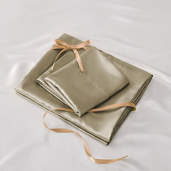 BEDELITE Satin Sheets Twin XL Size Bed Set, Luxury Soft Taupe Silky Sheets for Hair and Skin, Similar to Silk Bed Sheets Set 3 Pieces with 1 Deep Pocket Fitted Sheet, 1 Flat Sheet, and 1 Pillowcase