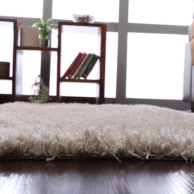 Rugsotic Carpets Hand Tufted Shag Polyester 5'x8' Area Rug Solid Ivory K00111