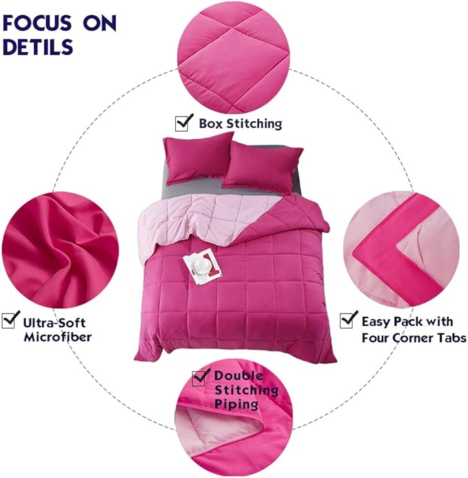 HIG 3pc Pink King Comforter Set Duvet Insert, Reversible, All Season, Box Stitched, with Corner Tabs, Soft, Fluffy
