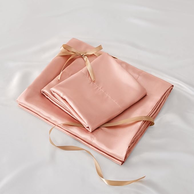 BEDELITE California King Sheets Set, Luxury Soft Coral Pink Satin Sheets for Hair and Skin, Similar to Silk Bed Sheets Set 4 Pieces with 1 Deep Pocket Fitted Sheet, 1 Flat Sheet, and 2 Pillowcases