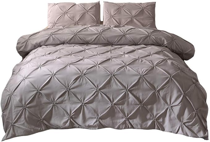 Feelyou King Duvet Cover Set Pinch Pleated, Soft Polyester Pintuck Tufted Style Bedding Sets Solid Grey Geometric Quilt Cover with 2 Pillow Shams, Luxurious Comforter Cover Set,3-Pieces