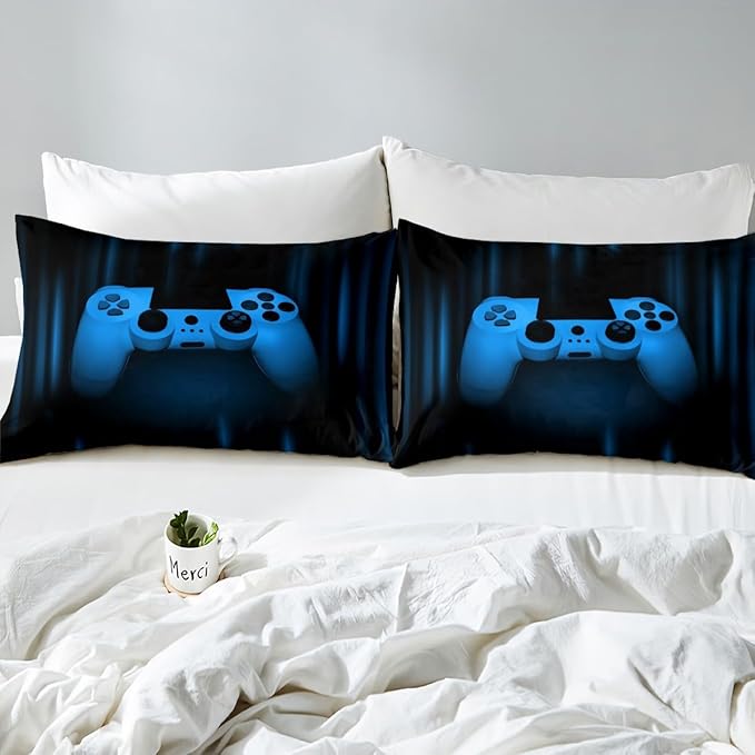 Feelyou Boys Gamer Comforter Set Twin Size Bedding Set for Kids Gaming Comforter Blue Black Video Games Gamepad Room Decor for Teens Child Super Soft Geometric Duvet Quilted Son Grandson Gift