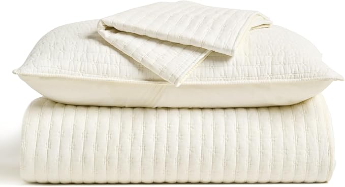 EVERGRACE Cross Stitch Pre-Washed Cotton Quilt Bedding Set Queen Size, Oversized 3 Pieces Lightweight Bedspread Coverlet for All Season, with 2 Matching Shams, Cream, 92"x96"