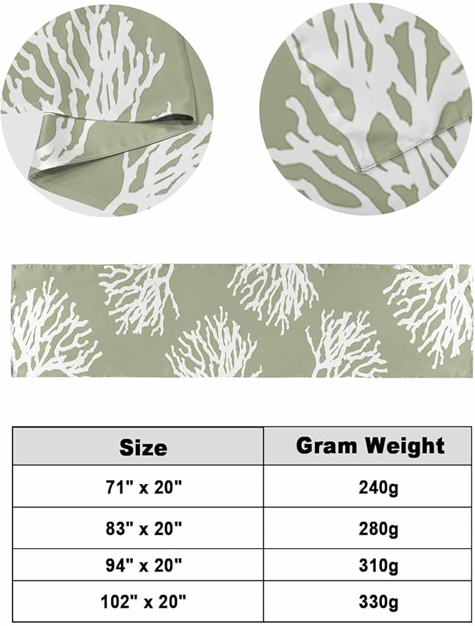 Coral Sage Green Bed Runner Scarf for Twin Size Bed Foot,Decorative Bedding Accessory Stainproof & Dustproof Soft Protector For Bedroom Wedding Room Coastal White Ocean Marine Nautical Beach 71"x20"