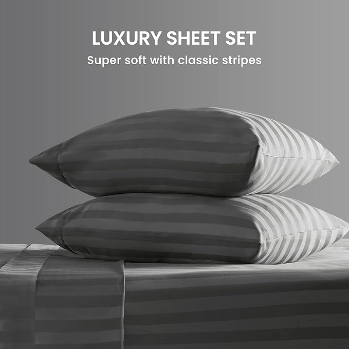 SLEEP ZONE Striped Cooling Sheets Set King Size - Fitted Flat Sheet & Pillowcase Sets 4 Piece - Super Soft Stripe Bed Sheet, Easy Care, Deep Pocket (Gray, King)