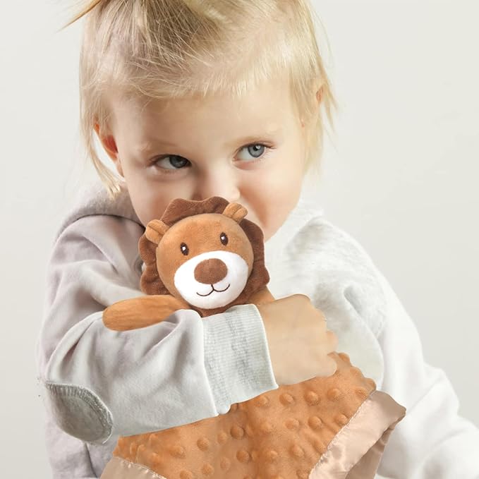 Baby Security Blanket Lion Soft Minky Dot Fabric with Silky Satin Backing Snuggle Toy Animal Blanket for Infant and Toddler Brown 13.5 Inch