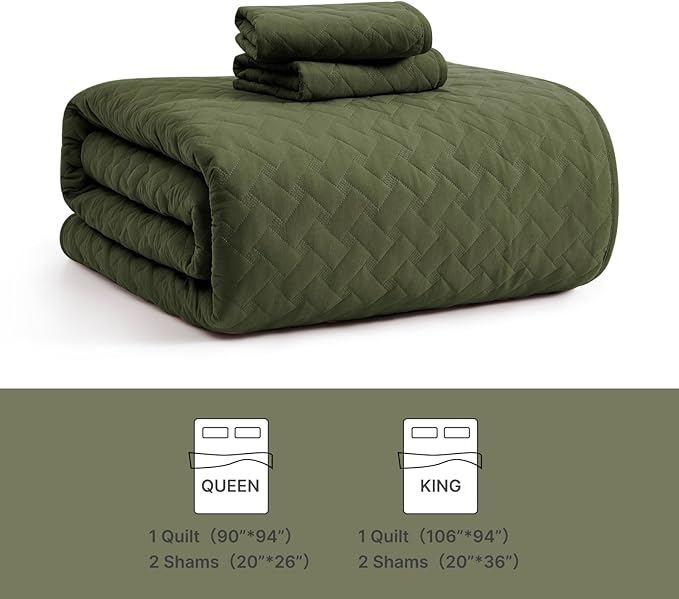 WRENSONGE Queen Quilt Set-3 Pieces Basket Weave Olive Green Bedspreads Queen Size Quilt Bedding for All Seasons, Soft Summer Coverlet with 2 Pillow Shams Suitable for Bed, Couch, Quilt Blanket
