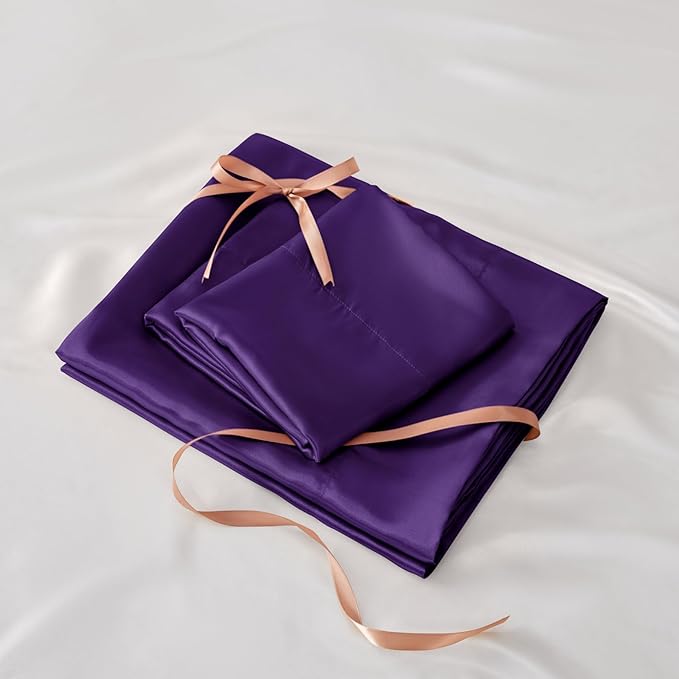 BEDELITE Satin Sheets Full Size Bed Set, Luxury Soft Plum Purple Sheets for Hair and Skin, Similar to Silk Bed Sheets Set 4 Pieces with 1 Deep Pocket Fitted Sheet, 1 Flat Sheet, and 2 Pillowcases