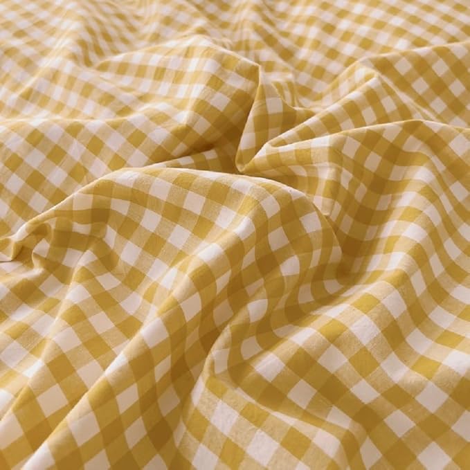 LifeTB Yellow Gingham Comforter King Comforter Set Geometric Checkered Plaid Bedding Comforter with 2 Pillowcases Fluffy Soft Lightweight Bedding Boho Grid Plaid Comforter Set King for All Seasons