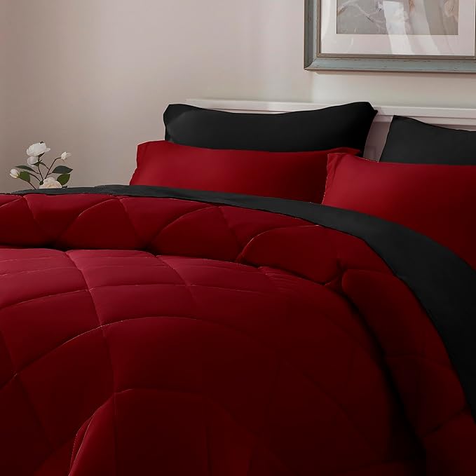 ELNIDO QUEEN® Queen Comforter Set 7 Pieces, Red and Black Bed in a Bag Queen Size, Bed Set All Seasons Bedding Sets with Reversible Comforter, Flat Sheet, Fitted Sheet, Pillowcases and Pillow Shams