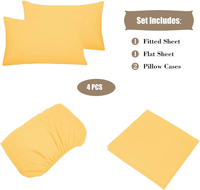 Best Season 4 Piece Bed Sheet Set (Queen,Yellow) 1 Flat Sheet,1 Fitted Sheet and 2 Pillow Cases,100% Brushed Microfiber 1800 Luxury Bedding,Deep Pockets,Extra Soft & Fade Resistant