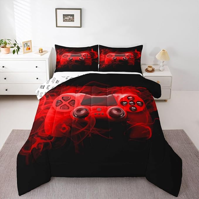 Feelyou Kids Gaming Comforter Set Twin Size Gamer Bedding Set for Boys Teens Gamer Bedroom Decor Youth Video Game Comforter Red Black with 1 Pillow Case
