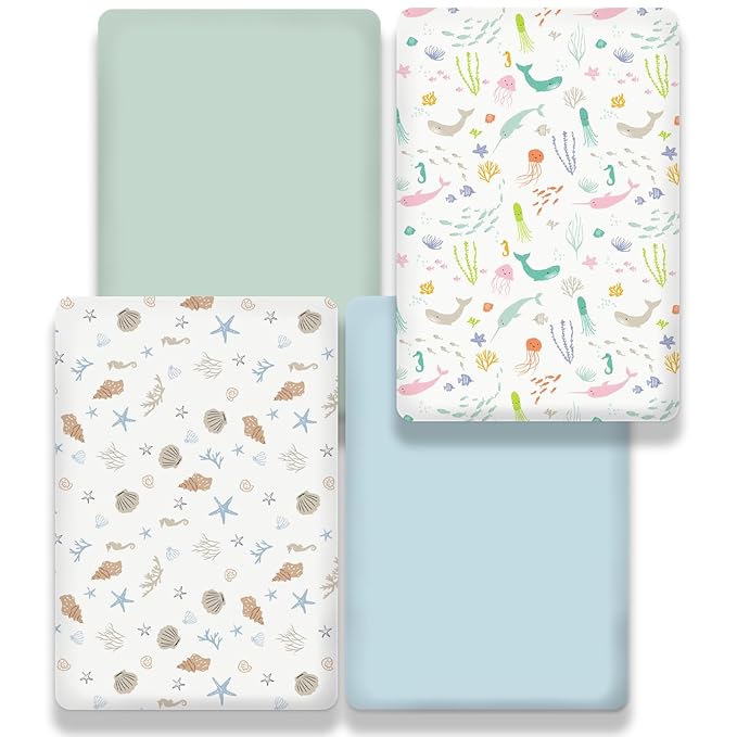 Bimocosy Pack and Play Sheets Fitted 4 Pack, 38 x 26 Inch Pack n Play Mini Crib Sheets for Boys and Girls, Soft Stretchy Playard Mattress Sheets for Graco Pack n Play, Ocean Friends
