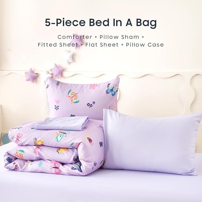 Wake In Cloud - Butterfly Bedding Set for Girls, Cute Colorful Butterfly Flowers Floral Comforter Set with Sheets, 5 Pieces Kids Bed in a Bag, Purple, Twin Size