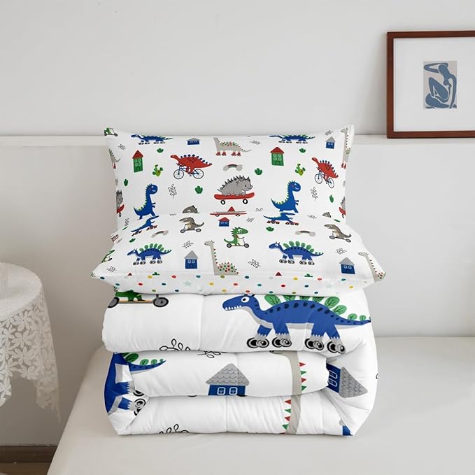 Feelyou Kids Cartoon Dino Comforter Set Queen Size, Blue Green Dinosaur Bedding Set Boys Girls Kawaii Comforter Jungle Dino Duvet Insert 3Pcs