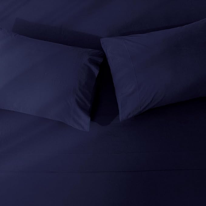 JIYUAN 100% Washed Cotton Sheet Set 4 Pieces Queen,1 Fitted Sheet,1 Flat Sheet and 2 Pillowcases,Comfy and Breathable Linen Like Bedding Set,Navy Blue