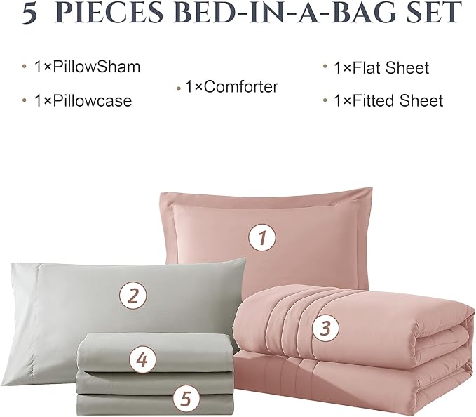 Monbix Twin XL Size Comforter Set - Extra Long 5 Pieces Dorm Bedding Sets, Quilting Design Fluffy Bed in a Bag Twin XL with Sheets, Pillowcase & Sham(Light Pink)