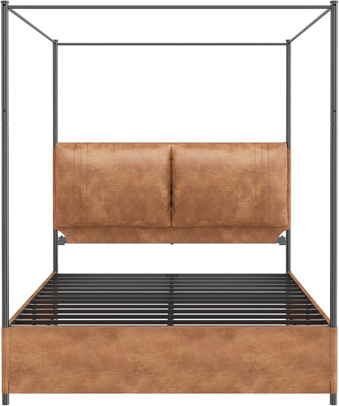 Modern Canopy Bed Frame with Upholstered Faux Leather Headboard – Tall Four Poster Metal Platform Bed, No Box Spring Needed, Queen Size, Brown and Black