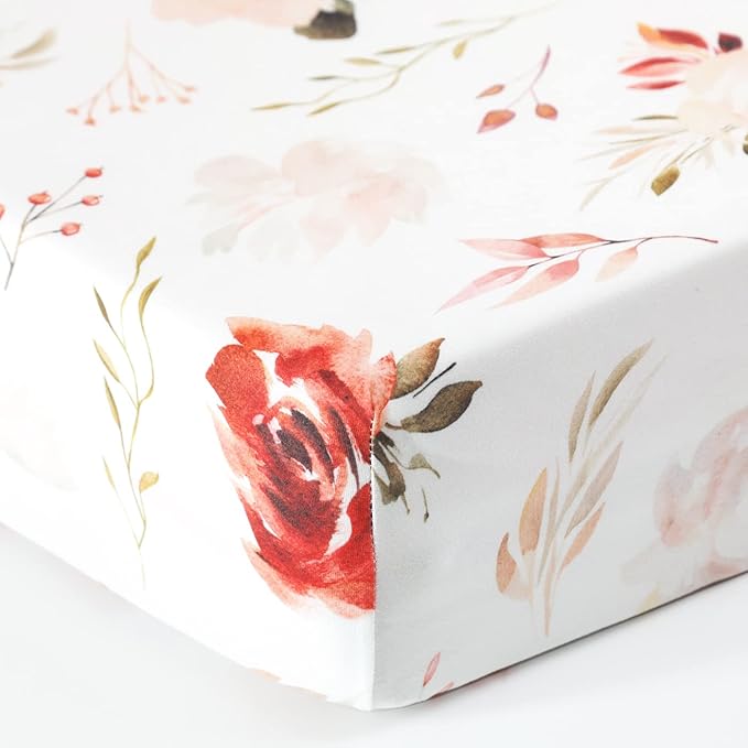 GRSSDER Ultra Soft Jersey Knit Fitted Crib Sheets 2 Pack, Universal Fit Crib Mattress Pads Snug and Safe, Breathable Crib Mattress Sheet for Baby Girls, Pretty Watercolor Pink Rose Flora