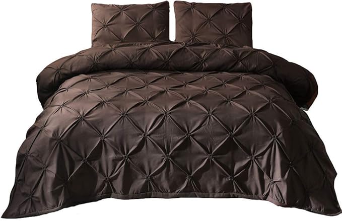 Feelyou Pinch Pleated Duvet Cover Set Queen Size Pintuck Bedding Set Soft Pintuck Tufted Comforter Cover with 2 Pillow Shams Luxury Microfiber Quilt Cover Solid Coffee Breathable Zipper Closure