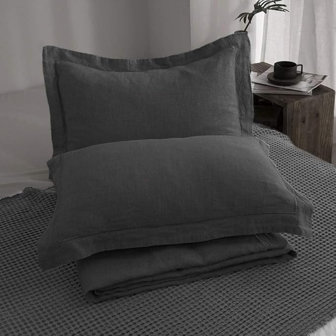 Simple&Opulence 100% Linen Duvet Cover Set with Embroidery Border Washed - 3 Pieces (1 Duvet Cover with 2 Pillow Shams) with Button Closure Soft Breathable Farmhouse - Dark Grey, Full Size