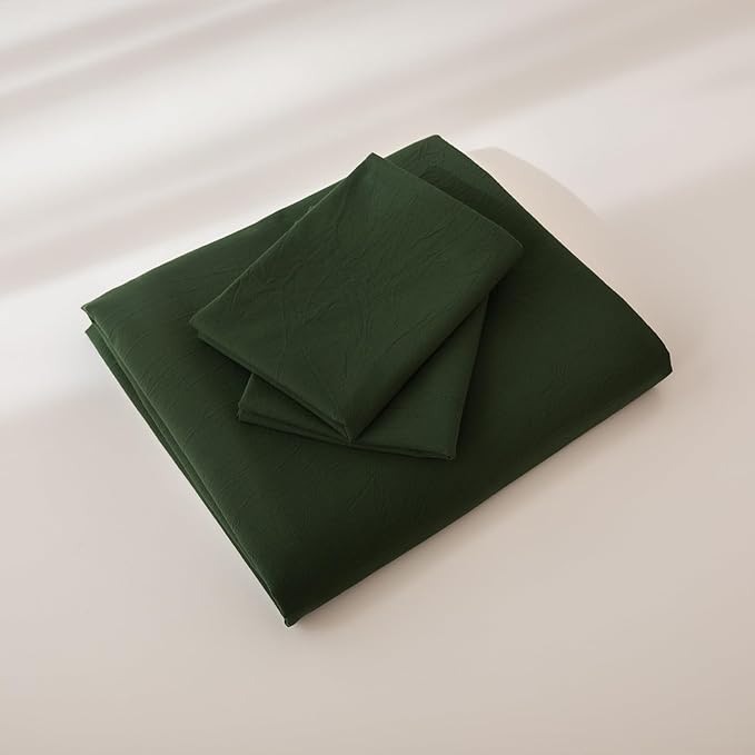 JIYUAN 100% Washed Cotton Duvet Cover Set 3 Pieces Oversized King, 1 Duvet Cover 120x98 Inches(Comforter Not Included) and 2 Pillowcases,Linen Feel Bedding Set Comfy and Breathable,Forest Green